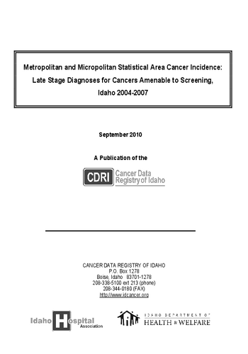 Metropolitan and Micropolitan Statistical Area Cancer Incidence Idaho, 2004-2007
