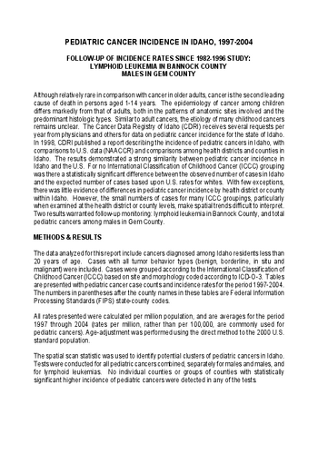 Pediatric Cancer in Idaho, 1982-96, Rates Through 2004