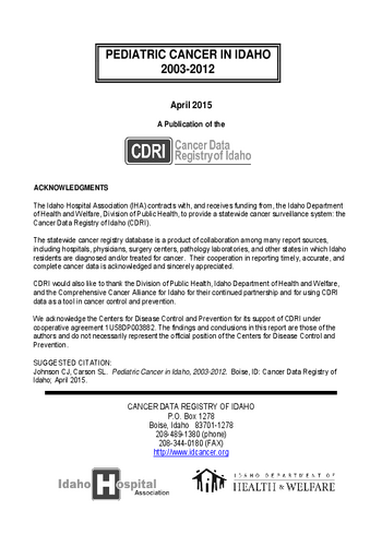 Pediatric Cancer in Idaho, 2003-2012