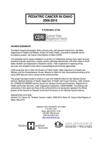 Pediatric Cancer in Idaho, 2006-2015