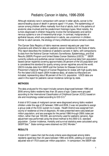 Pediatric Cancer in Idaho, 1996-2006