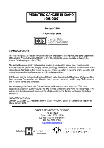 Pediatric Cancer in Idaho, 1998-2007