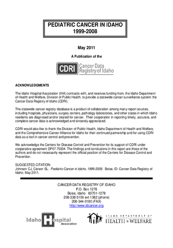 Pediatric Cancer in Idaho, 1999-2008